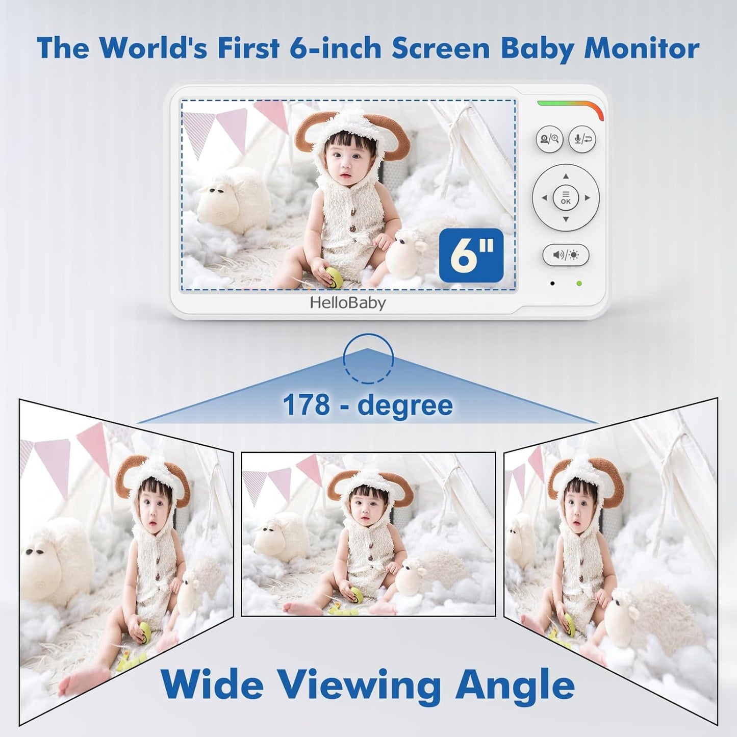 HelloBaby Baby Monitor with 6" World First IPS Screen 30-Hrs Battery, Remote Pan/Tilt/Zoom Camera, No WiFi Video Baby Monitor Camera and Audio, ECO, VOX, 2-Way Talk, Night Vision, 1000ft, Portable