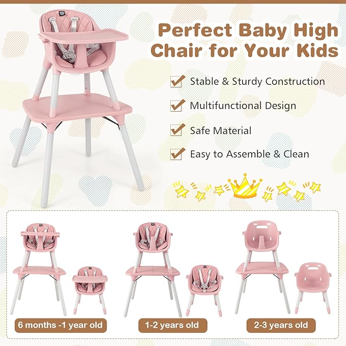 BABY JOY High Chair, 5 in 1 Convertible Highchair for Babies & Toddlers | Booster Seat | Table and Chair Set | Infant Feeding Chair with Removable Tray, Safety Harness, Removable Cushion (Pink)