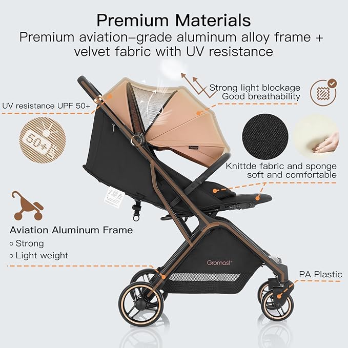 Gravity Folding Baby Stroller - Portable Travel Toddler Stroller w/Adjustable Backrest & Canopy, Cup Holder, Lightweight and UV Protected, One-Hand Automatic Folding - Khaki