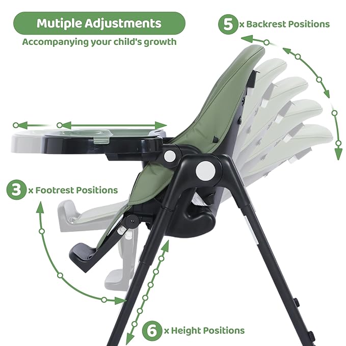 3 in 1 Foldable Baby High Chair, Infant High Chairs for Babies and Toddlers, 6 Height & 5 Recline Adjustable Toddler Feeding Chair, 2 Tray Depth & 3 Footrest Angles, 2 Built-in Wheels, Green