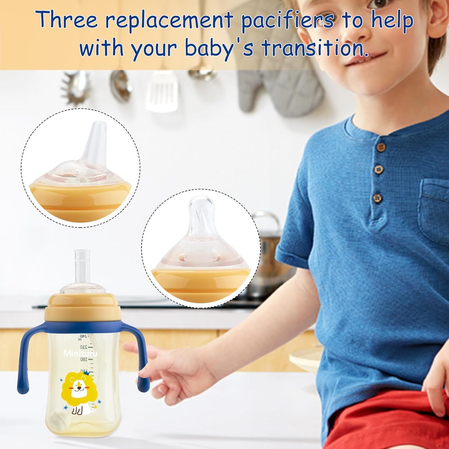 Qshare Sippy Cups For Toddlers, Weighted Straw Learner Cup with Handle for Babies, Water Bottle for Baby 6 Months with 3 Type of Spout, 8 Ounce (Yellow)