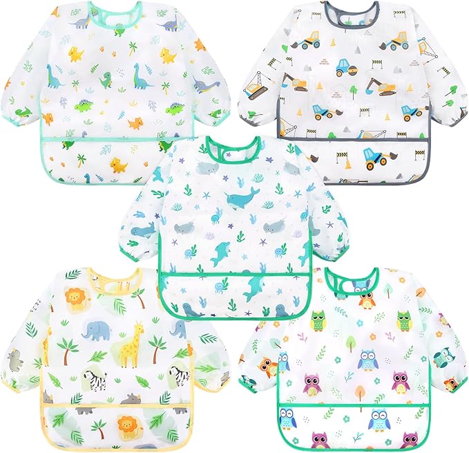 Accmor 5 Pack Long Sleeve Bibs, Baby Smock Waterproof Sleeved Bib Smock for Baby Toddler 6-36 Months