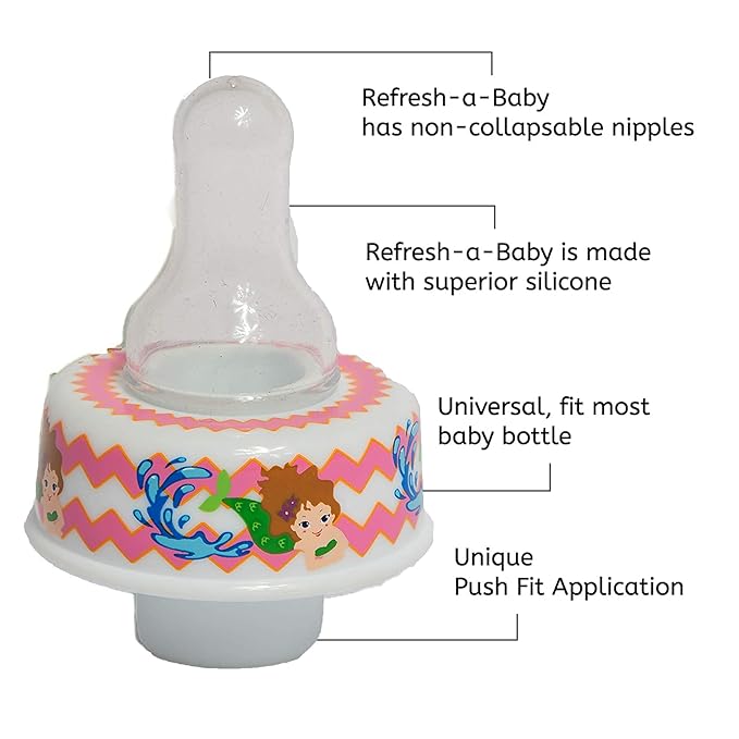 Refresh-a-Baby Reusable Bottle Top Nipple Adapter – Instantly Convert Any Bottle into a Sippy with Soft Silicone Nipples – Ideal for On-The-Go Feeding, BPA-Free, & Easy to Clean Pack of 2 (Mermaid)