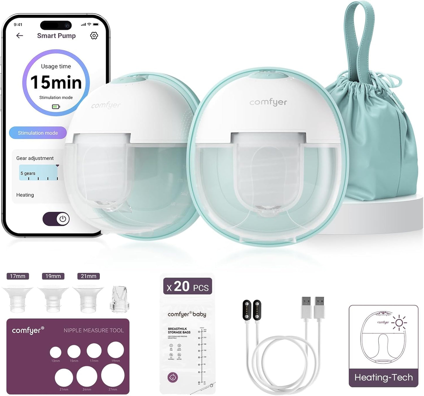 Heated Breast Pump Hands Free, Industry-Leading Heating Tech, Innovative Magnetic Charging Base, App Discreet Control, 20pcs Breastmilk Storage Bags Included, Hospital-Grade Suction, 2 Pack