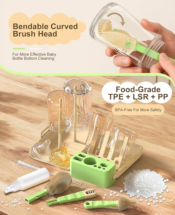 7 in 1 Baby Bottle Brush Set, BPA-Free Travel Bottle Cleaner Kit with U-Shaped Silicone/Nipple/Straw Brush, Portable Drying Rack, Soap Dispenser & Storage Box - Baby Travel & Home Essential