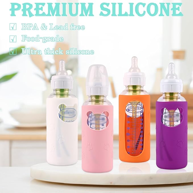 4 Pack Silicone Sleeves for Dr Brown's Glass Baby Bottles, Anti Breakage Baby Bottle Holder, Compatible Dr. Brown's Natural Narrow Glass Baby Bottles 8 oz, BPA Free (White+Pink+Purple+Orange)