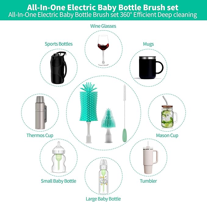 Electric Bottle Brush Cleaner, Portable Electric Baby Bottle Brush Cleaner for Travel, Rechargable Travel Bottle Cleaner Kit with Nipple & Straw Brush, Perfect Mom Essentials After Birth Gift, Green