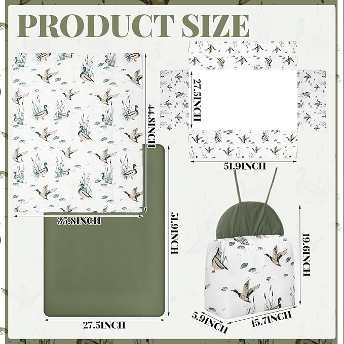 Oudain 4 Piece Mallard Duck Crib Bedding Set Including Mallard Duck Crib Skirt, Blanket, Crib Sheet and Diaper Stacker, Soft Neutral Nursery Standard Size Baby Bedding for Baby Girls and Boys