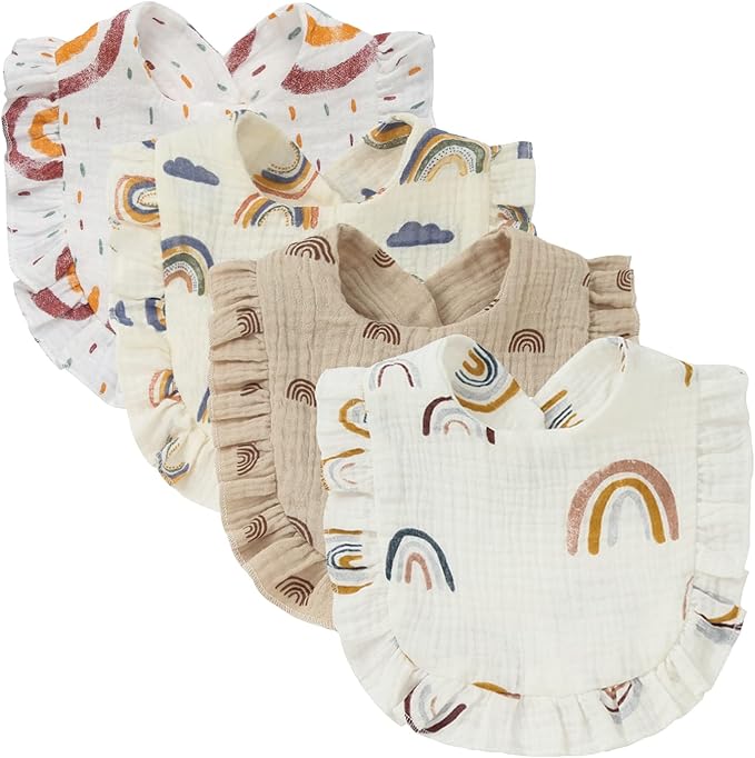 4 PACK Solid Muslin Baby Drool Bibs Set for Unisex Boys Girls Cotton Adjustable Teething Feeding Drooling Bibs