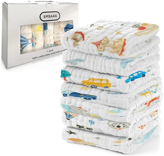 Car Pattern Baby Washcloths Pack of 7 - Absorbent Cotton Bath and Face Towels, Soft Face Cloths for Newborn, Burp Cloths,Sweating Towels for Babies and Infants - 10 x 10