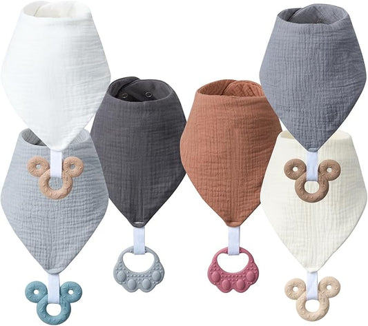 Baby Teething Bibs 6-Pack with Attachable Teether - 100% Organic Cotton, Super Absorbent & Soft Drool Bibs