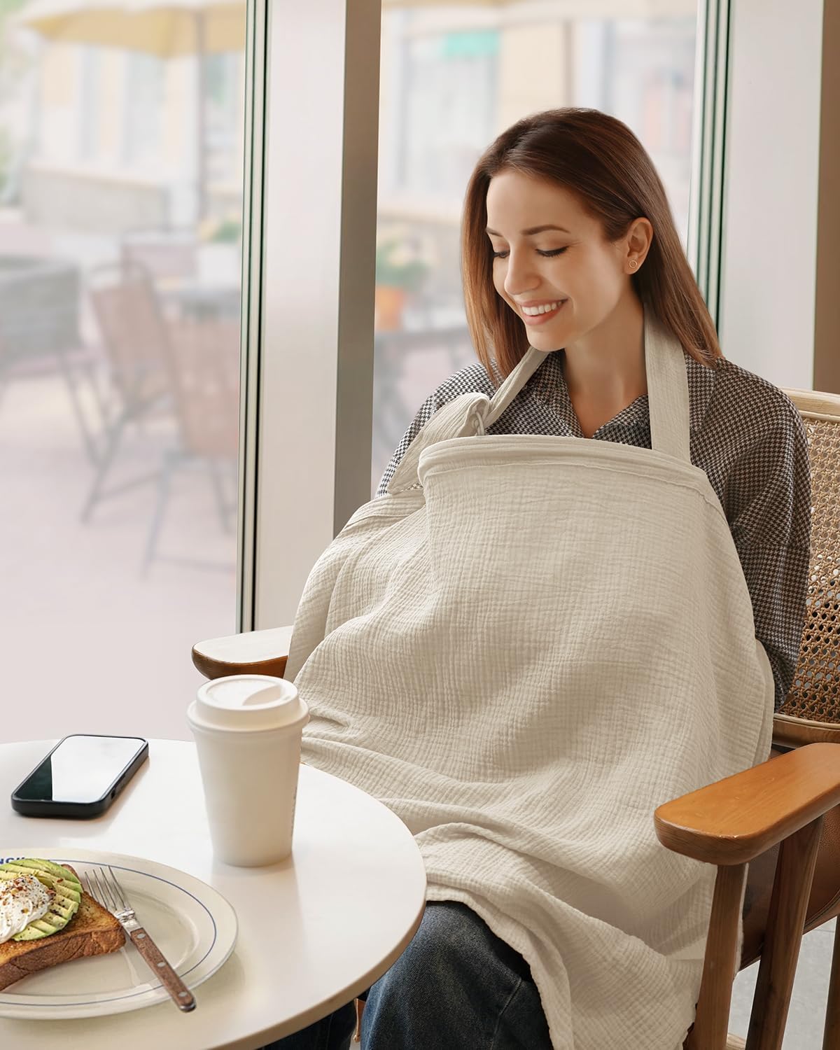 Blissful Diary Muslin Nursing Cover for Breastfeeding, Breathable Breastfeeding Cover up with Arch Neckline for Women, Nursing Apron (Cream)