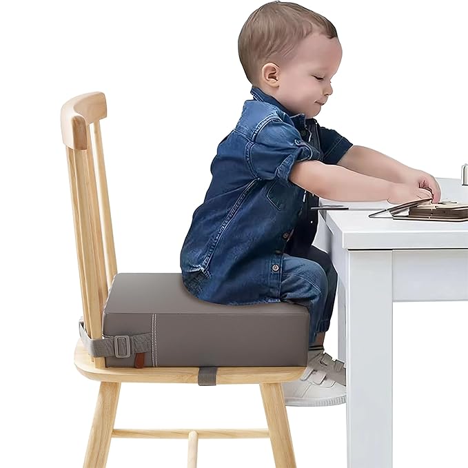 Toddler Booster Seat for Dining Table, Stronger Support Non-Slip Bottom Booster Seat for Kitchen Chair 2 Adjustable Straps Portable Travel and Home Increasing Booster Cushion Kid Baby(Grey)
