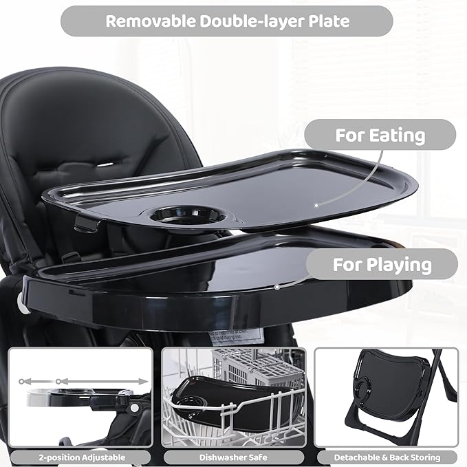 3 in 1 Foldable Baby High Chair, Infant High Chairs for Babies and Toddlers, 6 Height & 5 Recline Adjustable Toddler Feeding Chair, 2 Tray Depth & 3 Footrest Angles, 2 Built-in Wheels, Black