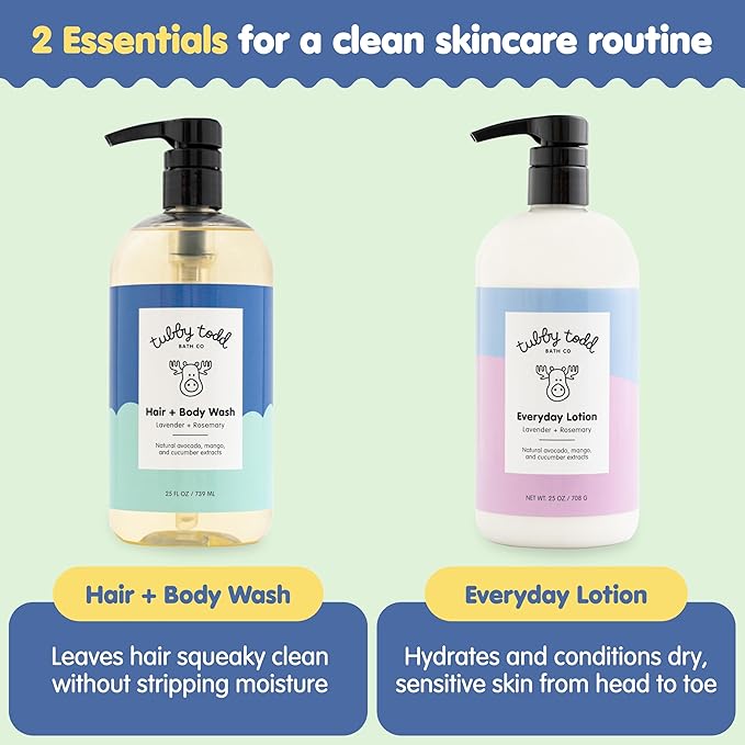 TUBBY TODD Baby Body Wash and Lotion Set - Gentle, Hypoallergenic Skincare for Newborns & Toddlers - 25oz, Lavender Rosemary