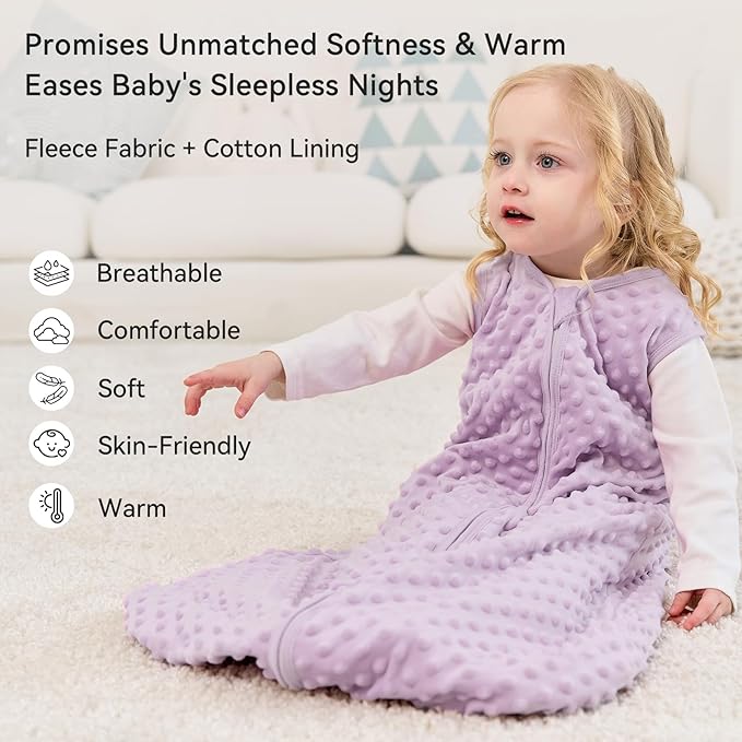 Fleece Baby Sleep Sack 0-6 Months with Plush Dots 1.5 Tog Baby Wearable Blanket with 2-Way Zipper Warm Sleeping Sack for Toddler Infant Newborn - Small, Taro Purple