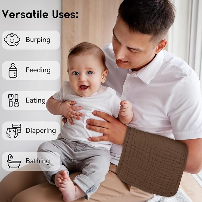 Muslin Burp Cloths for Baby 100% Cotton Burping Cloths for Boys Girls Large 20''X10'' Extra Soft and Absorbent 12 Pack - Gradient Coffee