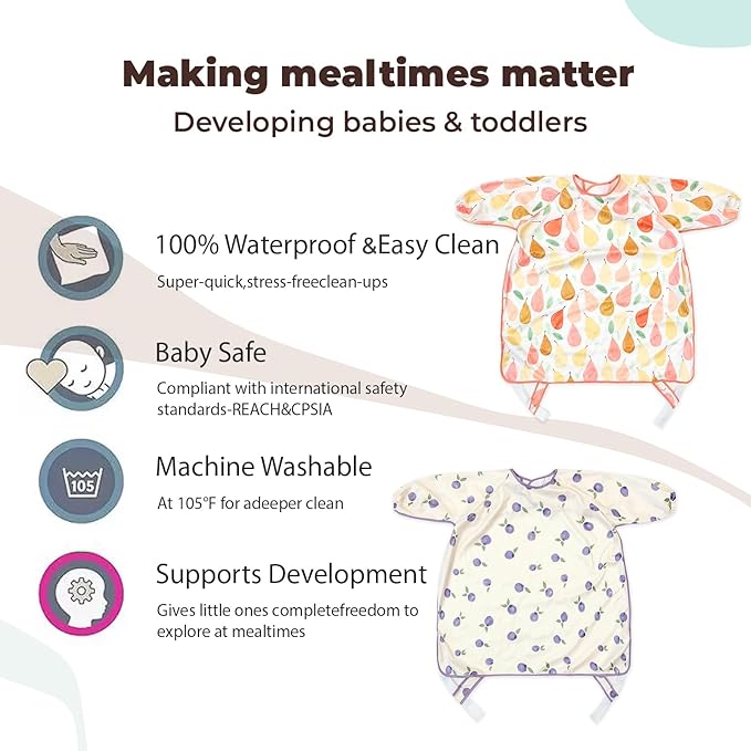 Happy Flute Long Sleeve Baby Bib-Mess Proof Baby Feeding Bibs with Adjustable Design for Babies during Eating or Highchair