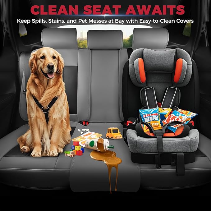 FREESOO Car Seat Covers Full Set, Black Grey Waterproof Car Seat Cover, Leather Seat Covers for Trucks, Luxury Car Seat Covers Front Seats and Auto Back, Car Seat Protector Cushion for Most SUV Cars