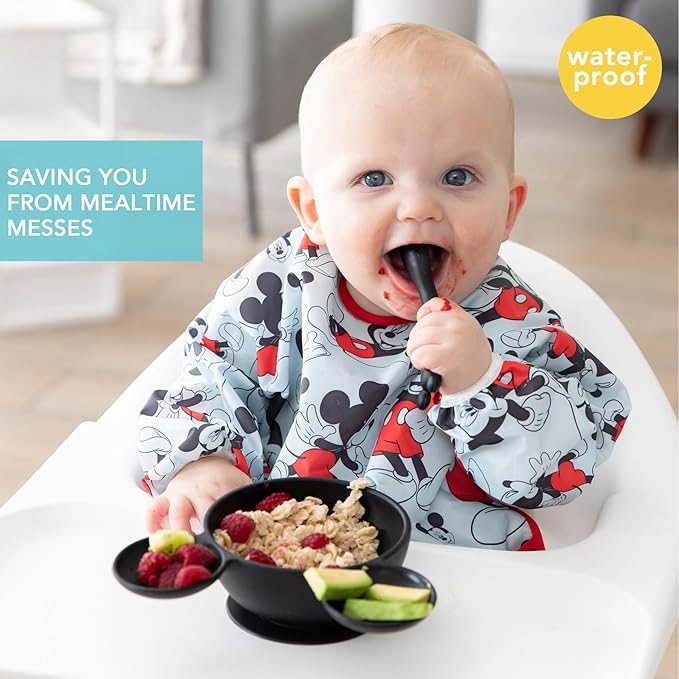 Bumkins Disney Bibs, Baby and Toddler Girls and Boys 6-24 Months, Long Sleeve, Essential Must Have for Eating, Feeding, Mess Saving Lightweight Waterproof Fabric Sleeved Smock, Mickey Mouse Classic