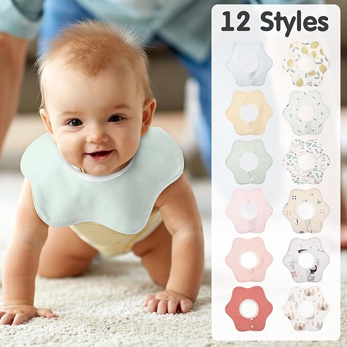 JaGely 12 Pack 360° Rotate Baby Bibs Waterproof Bibs Baby Girl Muslin Bib Snap Cotton Absorbent Infant Drool Feeding Burp Cloth for Infant 0-12 Months