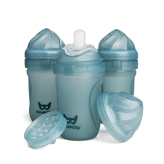 Herobility Glass Baby Bottle - 7.8 fl oz/220 ml - 3 Pack | Heat Sensing Color-Changing Bottle with Double Anti-Colic Nipple - Silicone Coating - Breastlike Nipples for Newborn Babies - Teal Color