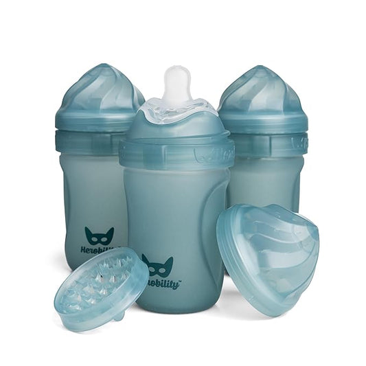 Herobility Glass Baby Bottle - 7.8 fl oz/220 ml - 3 Pack | Heat Sensing Color-Changing Bottle with Double Anti-Colic Nipple - Silicone Coating - Breastlike Nipples for Newborn Babies - Teal Color