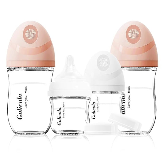 Gulicola Natural Glass Baby Bottles Set 4 Pack, Newborn Girl Breastfeeding Bottles with Slow Flow Nipples, 0 Months+, 3 oz & 5 oz - Pink