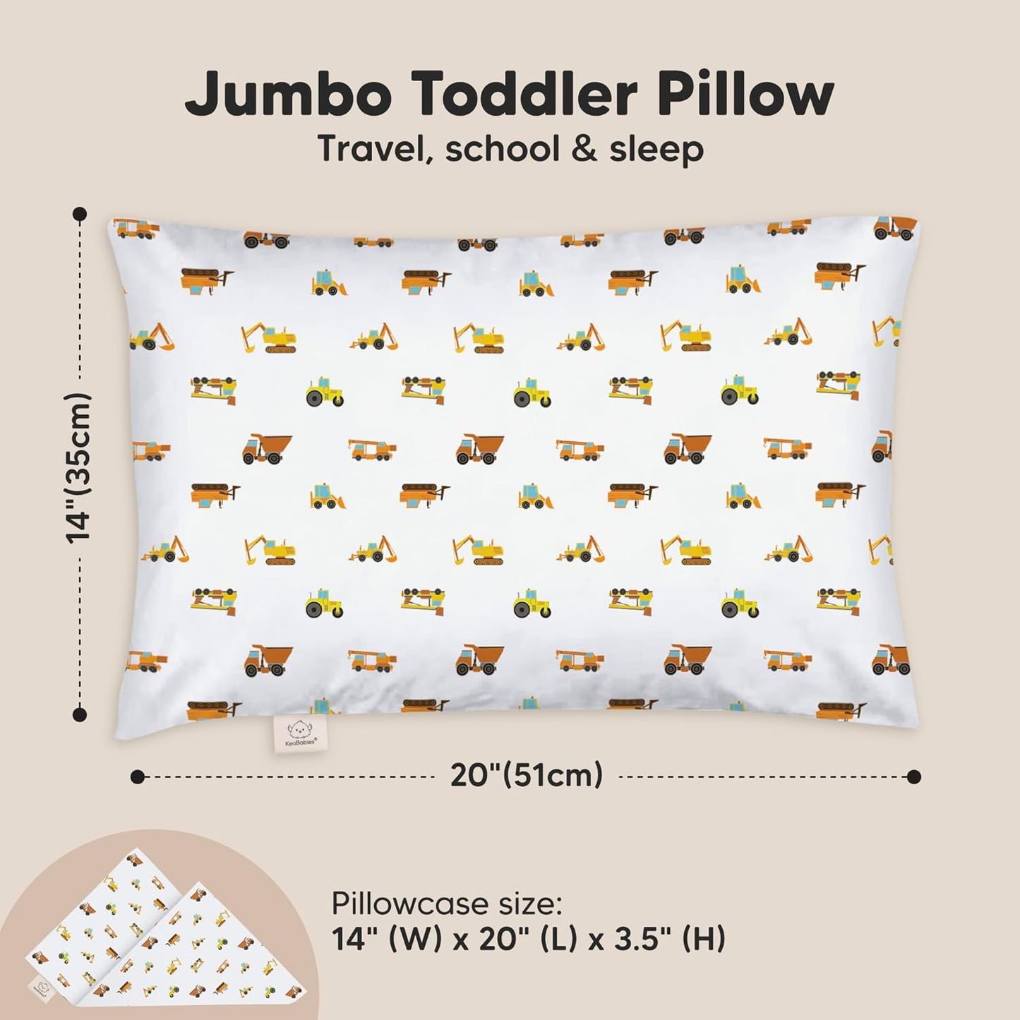 KeaBabies Toddler Pillow with Pillowcase, Jumbo 14X20 - Soft Organic Cotton Toddler Pillows for Sleeping - Machine Washable - Perfect for Travel, Toddler Bed Set (Construction)