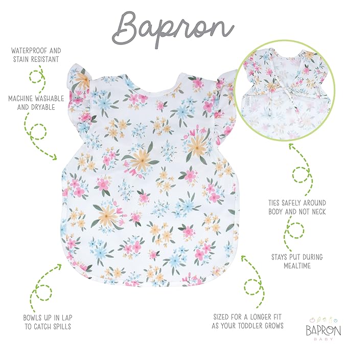 BapronBaby Flutter Pastel Floral Bapron - No Neck Tie Safer Bib for Baby & Toddler - Soft Waterproof Stain Resistant - Machine Washable - Sz Preschool 3-5yrs