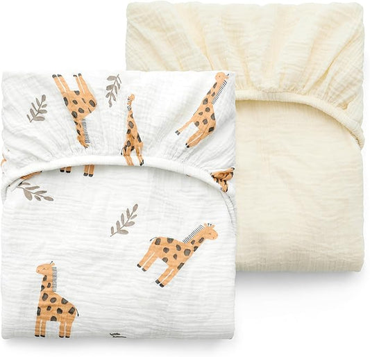 Momcozy Muslin Standard Fitted Crib Sheets, 52"x28", 2 Pack Soft Breathable Natural Cotton Baby Mattress Sheet, 360° Mattress Wrapping No Slip Boys Girls Neutral Toddler Bed Sheet, Bravery Giraffe