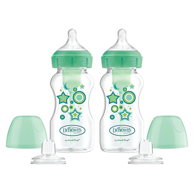 Dr. Brown’s Anti-Colic Options+ Wide-Neck Sippy Bottle Starter Kit, 9oz/270mL, with Level 3 Medium-Fast Flow Nipple and Soft 100% Silicone Sippy Spout, Green, BPA Free, 6m+, 2 Pack