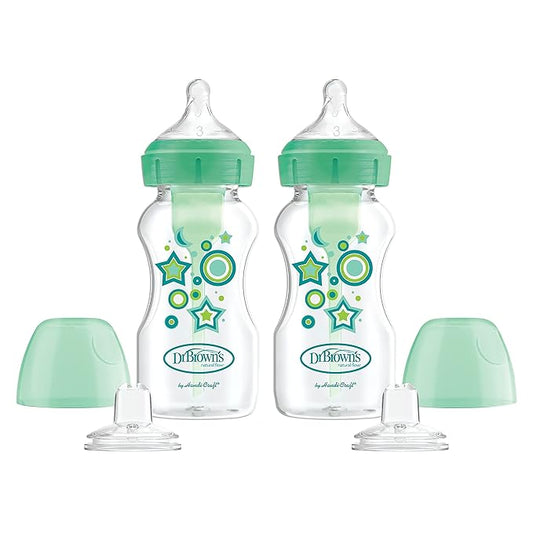 Dr. Brown’s Anti-Colic Options+ Wide-Neck Sippy Bottle Starter Kit, 9oz/270mL, with Level 3 Medium-Fast Flow Nipple and Soft 100% Silicone Sippy Spout, Green, BPA Free, 6m+, 2 Pack