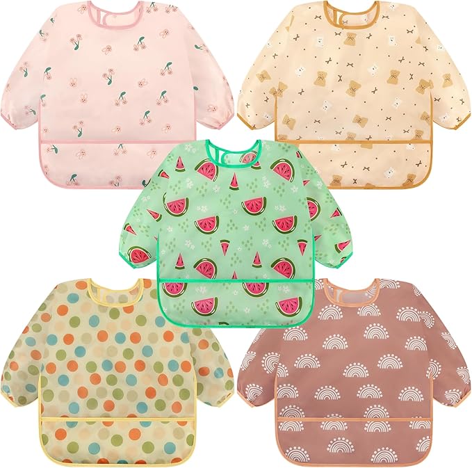 Accmor 5 Pack Long Sleeve Bibs, Baby Smock Waterproof Sleeved Bib Smock for Baby Toddler 6-36 Months