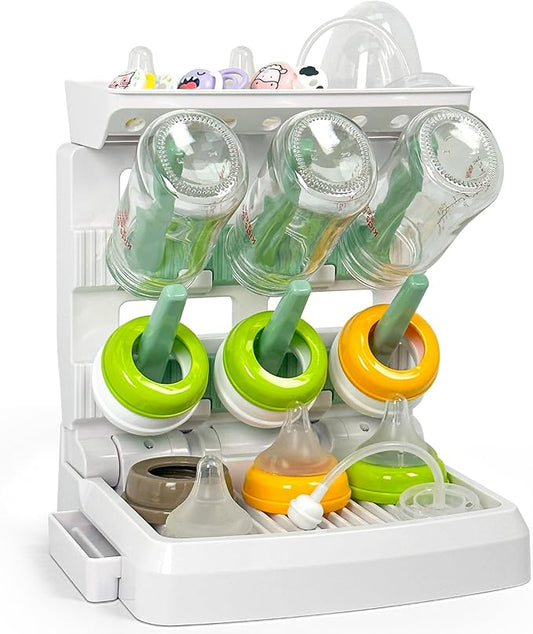 Baby Bottle Drying Rack for 6 Bottles, Vertical Cup Drying Holder, Space Saving Countertop Standing Bottle Dryer Rack for Baby Accessories & Pump Parts（Small White&Green）