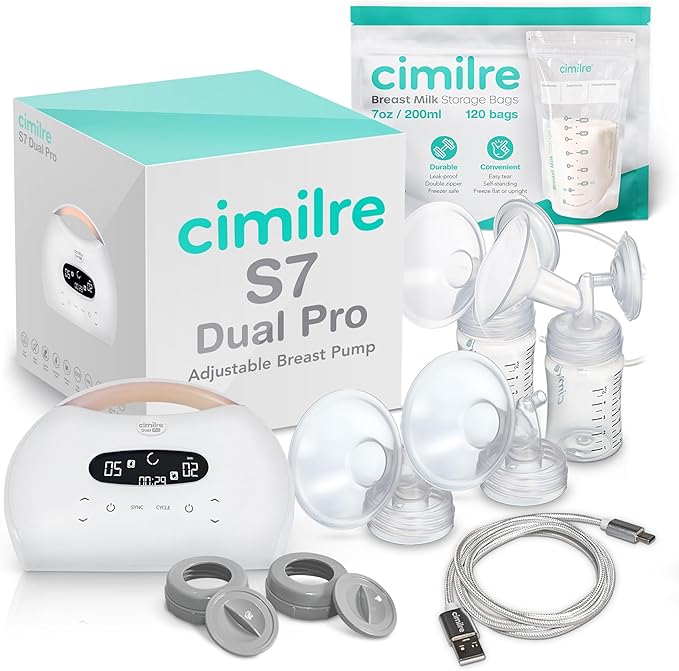 Cimilre S7 Dual Pro Rechargeable Breast Pump & Breast Milk Storage Bags Bundle – Hospital Strength Double Electric Pump with 120 Leak-Proof 7oz Bags