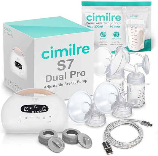 Cimilre S7 Dual Pro Rechargeable Breast Pump & Breast Milk Storage Bags Bundle – Hospital Strength Double Electric Pump with 120 Leak-Proof 7oz Bags