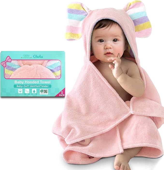 VOOVA & MOVAS Thick Baby Hooded Bath Towel - 100% Cotton,500GSM, 33x31.5 Inches,0-2Years,Super Absorbent Large Towel with Cute Elephant Ears Hood for Newborn, Baby, Infant, Baby Essentials,Pink