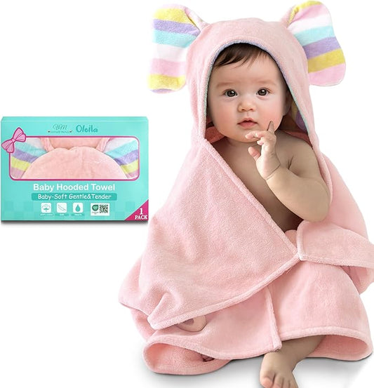 VOOVA & MOVAS Thick Baby Hooded Bath Towel - 100% Cotton,500GSM, 33x31.5 Inches,0-2Years,Super Absorbent Large Towel with Cute Elephant Ears Hood for Newborn, Baby, Infant, Baby Essentials,Pink