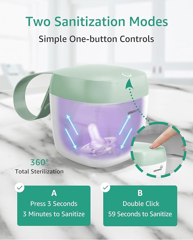 GROWNSY Pacifier Sanitizer Portable, UV Light Sanitizer on The Go, USB Charging Sanitizer Case, Mini Pacifier Sanitizer 99.99% Cleaned in 59 Seconds (Green)