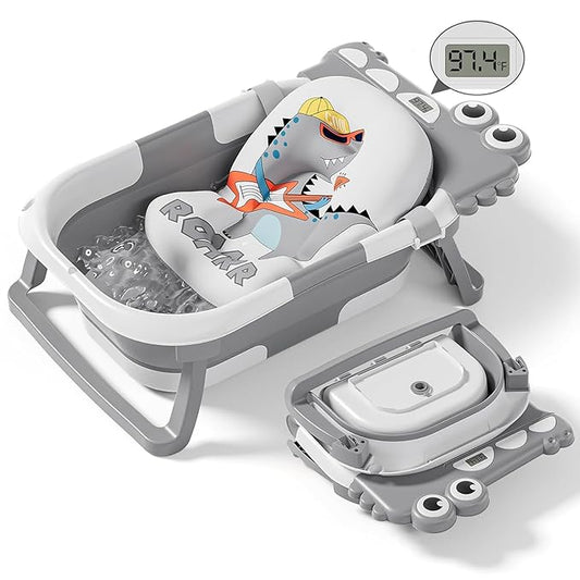 Collapsible Baby Bathtub for Newborn, Foldable Baby Bath Tub with Thermometer & Soft Floating Cushion & Drain Hole, Portable Travel Infant Bath Tubs for Newborns to Toddlers 0-36 Months Boys, Grey