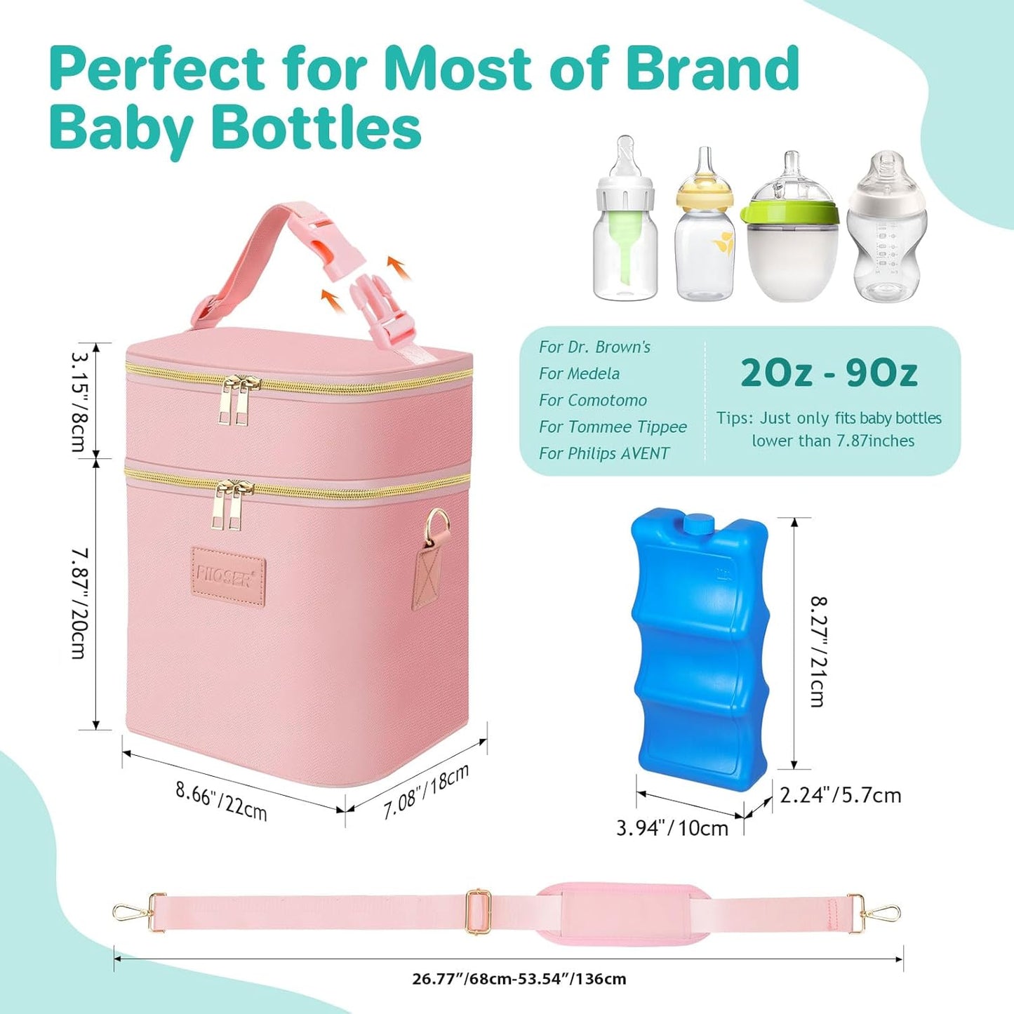 PIIOSER Breastmilk Cooler Bag with Ice Pack Fits 6 Baby Bottles Up to 9 Ounce, Insulated Baby Bottle Tote Bags, Double Layer Waterproof Leak-Proof with Shoulder Strap for Nursing & Working Mom (Pink)