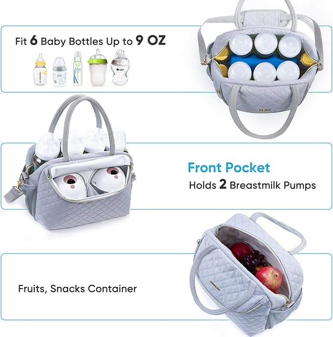 Breastmilk Cooler Travel Bag with 2 Wipes Dispensers & Ice Pack - 6 Bottle Cooler for 9 Oz - Breast Pump & Storage Bag for Daycare