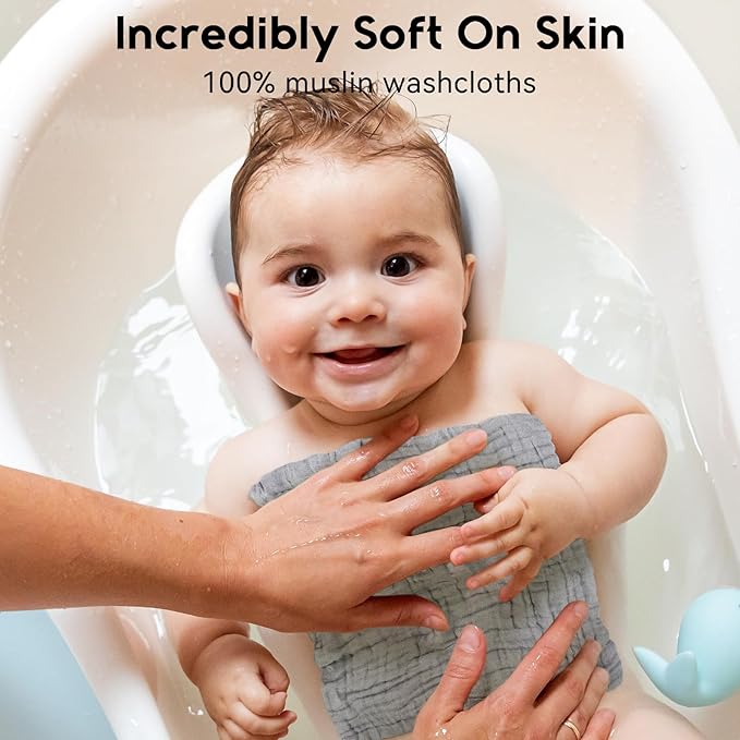 Muslin Baby Washcloths 6 Pack, 100% Cotton Wash Cloths for Babies, Large 12''X12'' Burp Cloths Absorbent and Soft for Newborn Infants Kids Boys Girls - Light Gray