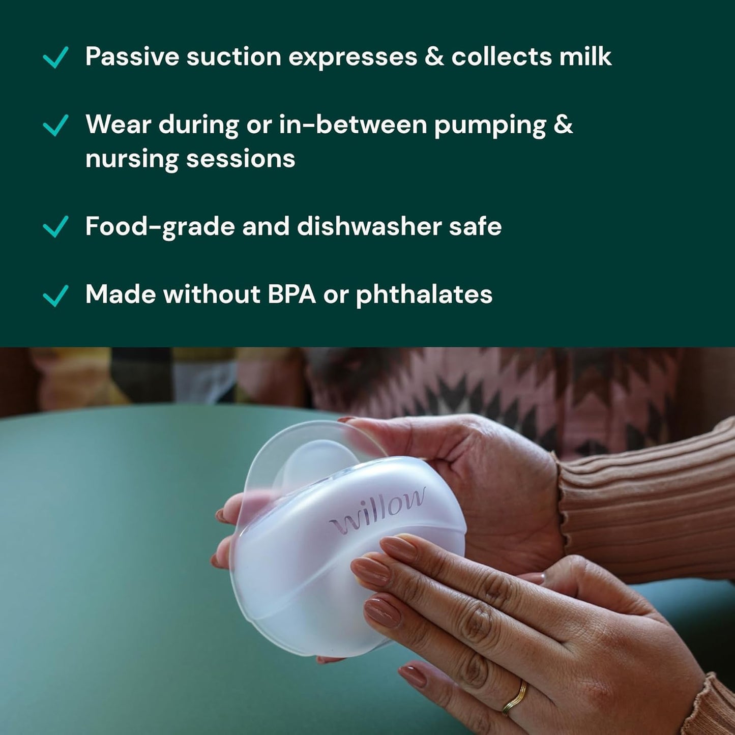 Willow - Silicone Wearable Breast Pump - Passive Suction Milk Collector - Hands Free Manual Breast Pump - Dishwasher Safe - Breastfeeding Essentials - Easy Pour Spout for Milk Storage Bags - BPA Free