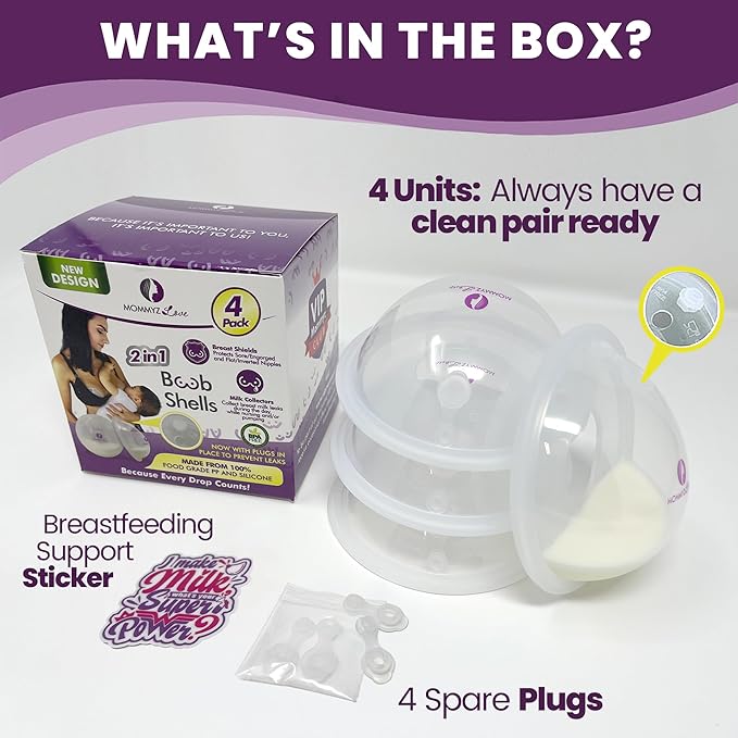 Mommyz Love Breast Shells & Milk Catcher for Breastfeeding New Model with Plugs - Breast Milk Catcher to Relieve Cracked Sore & Engorged Nipples - Breast Shells Milk Collector for Leaking Milk 4 Pack
