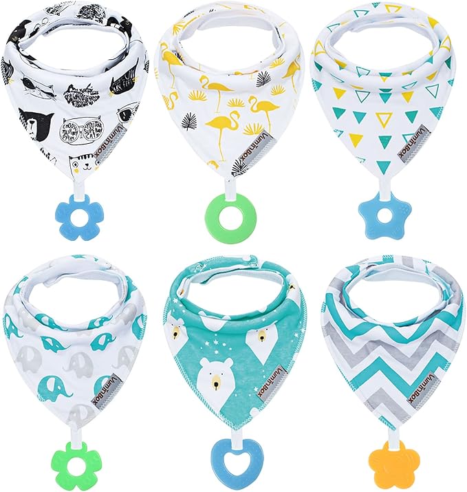 Baby Bandana Drool Bibs 6-Pack and Teething Toys 6-Pack Made with 100% Organic Cotton, Absorbent and Soft Unisex
