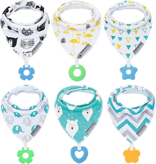 Baby Bandana Drool Bibs 6-Pack and Teething Toys 6-Pack Made with 100% Organic Cotton, Absorbent and Soft Unisex