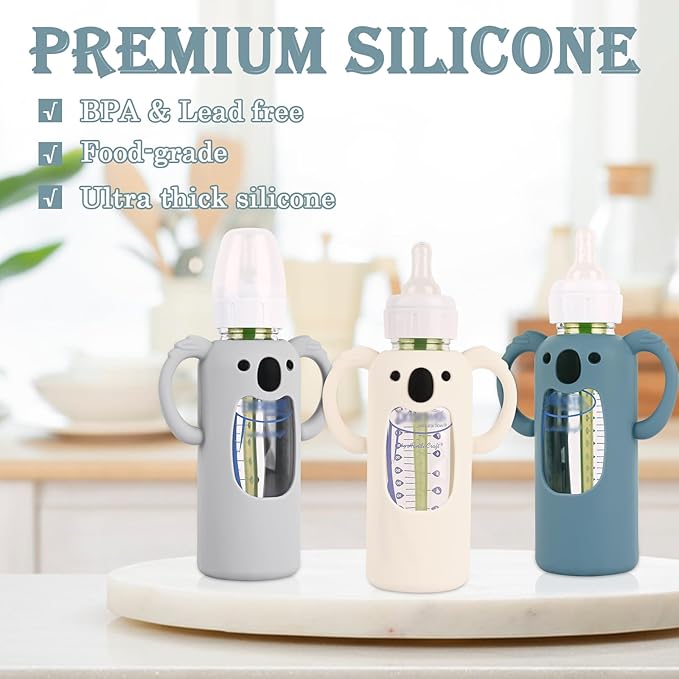 HUAKENER 3 Pack Silicone Sleeves with Handles for Dr Brown's Glass Baby Bottles 8 oz, Anti Breakage Baby Bottle Holder, Compatible with Dr. Brown's Natural Narrow Glass Baby Bottles