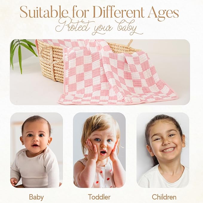 Ultra-Soft Muslin Baby Blanket - Swaddle & Crib for Girls, Pink Checkered (1-Pack)